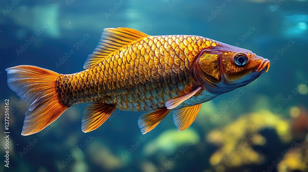 Fototapeta premium Golden carp swimming aquarium, underwater, coral