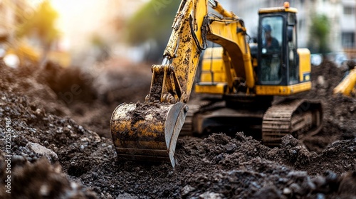 Excavator digging dirt on construction site, outdoor work photo