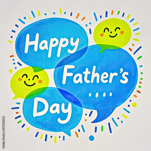 Joyful watercolor bubbles with 'Happy', 'Father's', 'Day' in blue, reflecting the innocent laughter of children on Father's Day.