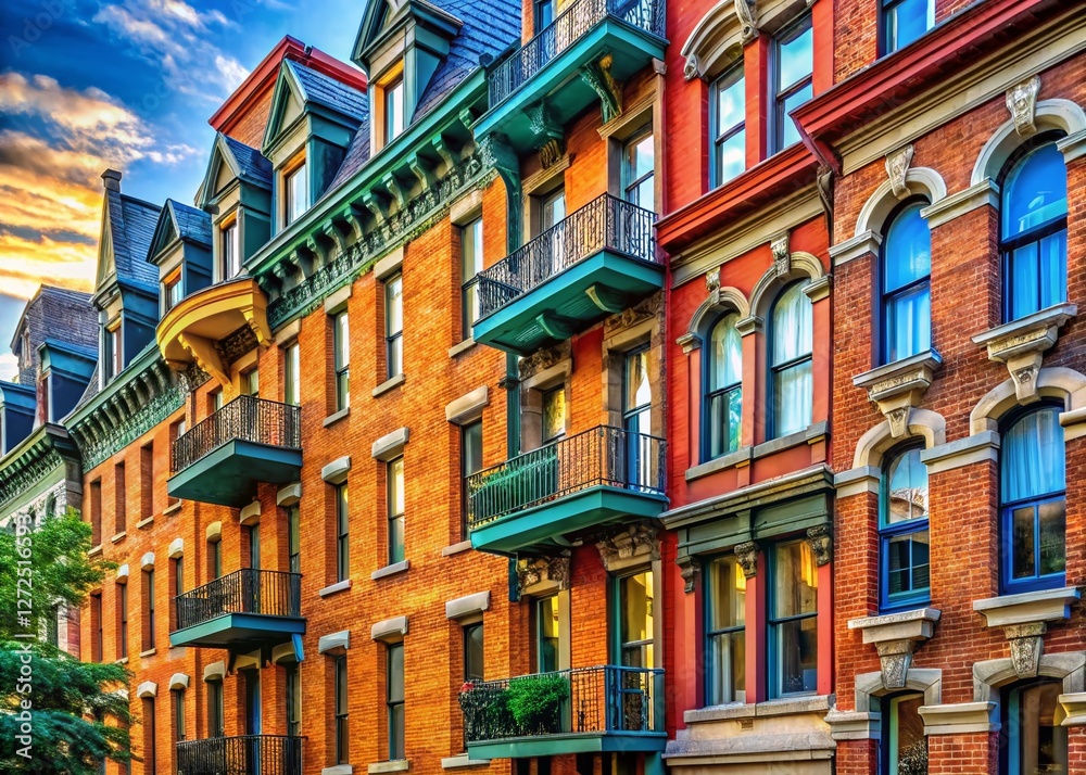 Fototapeta premium Montreal Hotel Facade: Elegant Windows & Brick Architecture - Stock Photo