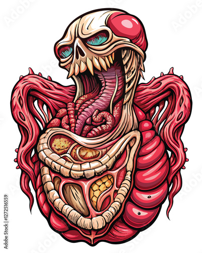 Detailed engraving of a grotesque, monstrous stomach, its inner lining revealed, showcasing sharp, pointed teeth.  High detail, dark and unsettling.