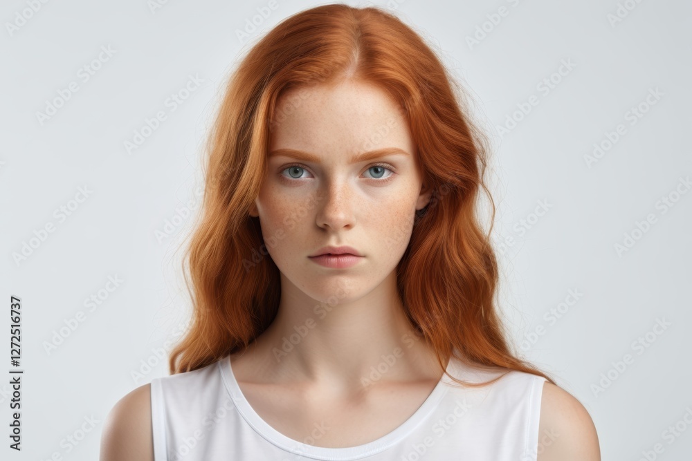 redhead haired woman with blue eyes and white tank top redhead haired woman with blue eyes and white tank top