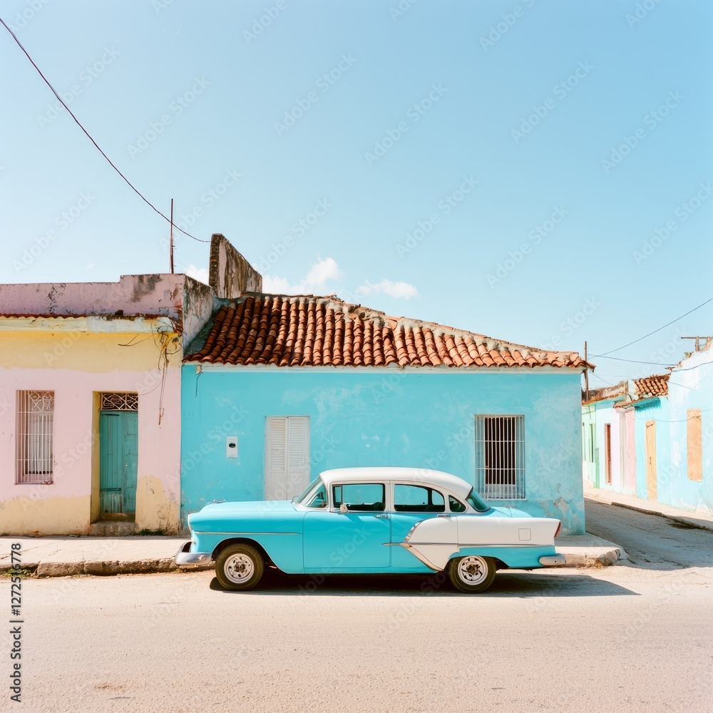 Fototapeta premium Cuban Street Scene - Vintage Car parked between pastel buildings