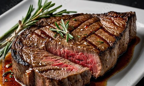 Close-up shot of perfectly grilled steak sliced on a white plate with rosemary garnish and rich juices.
