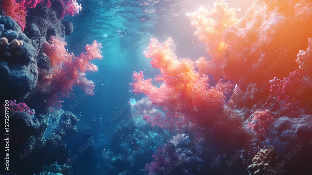 Obraz premium Hyper-real 3d background image of underwater coral reef scenery. Hyper-Real Light Reflections. Illustration