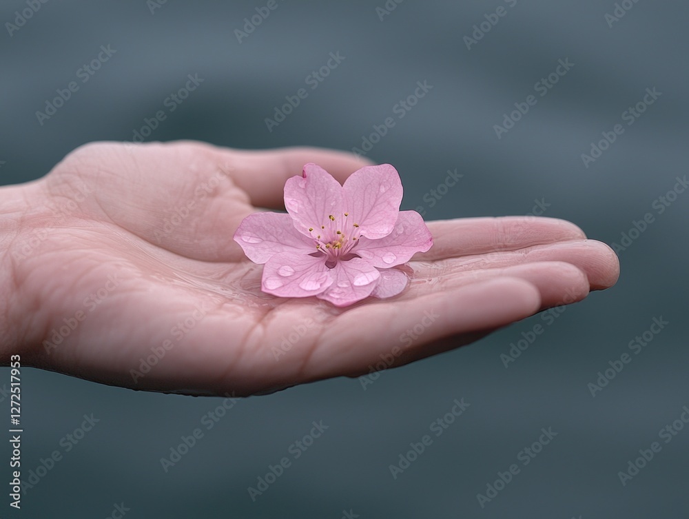 Delicate pink cherry blossom resting on a hand against a serene blue background Delicate pink cherry blossom resting on a hand against a serene blue background