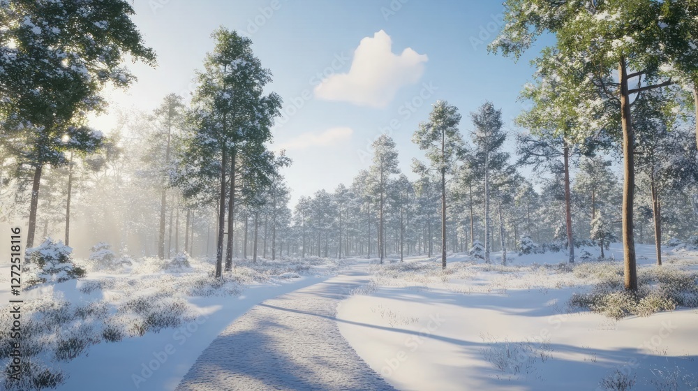 Obraz premium Snowy Forest Path Winter Sunlight Scene