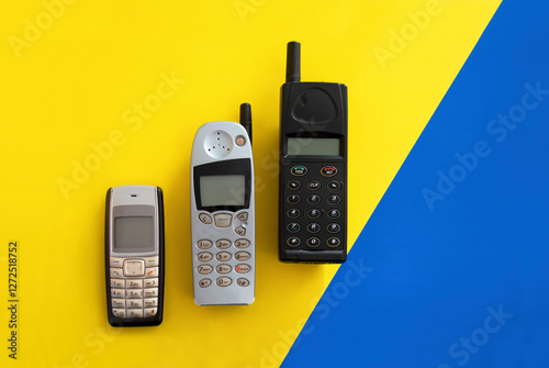 Retro cellphone on a blue yellow background photo