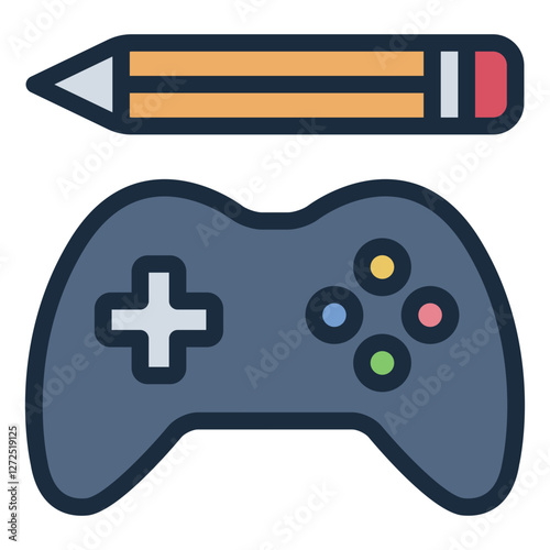 Game controller with pencil filled line icon representing game design, creativity, and development