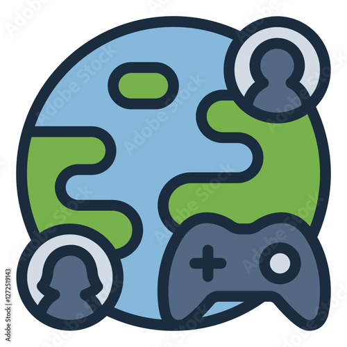 Globe with game controller filled line icon representing online gaming, global fun, and entertainment
