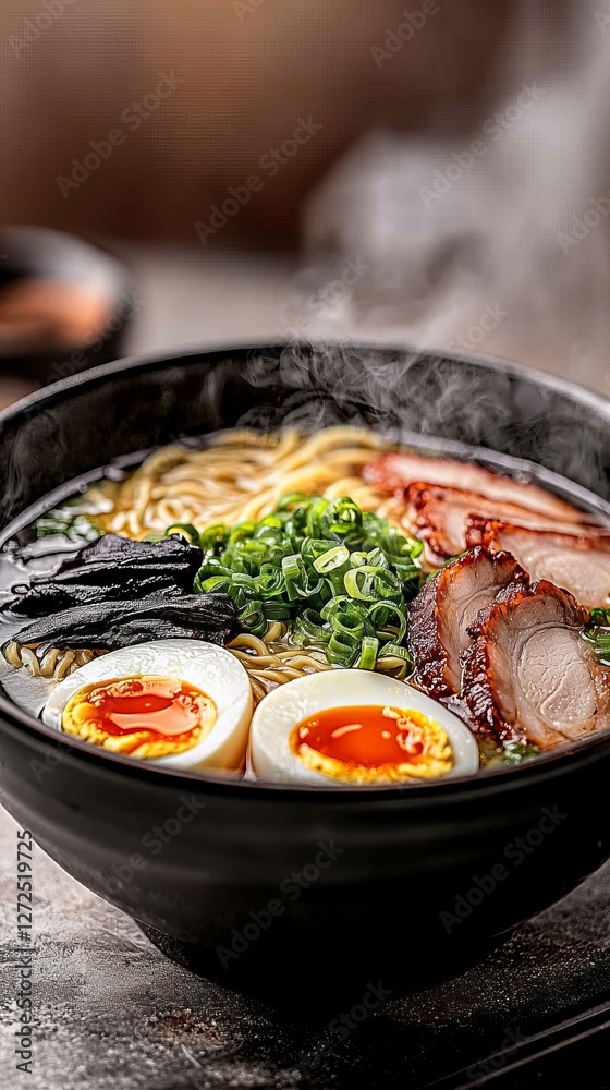 Fototapeta premium Delicious bowl of steaming ramen with soft-boiled eggs and sliced pork