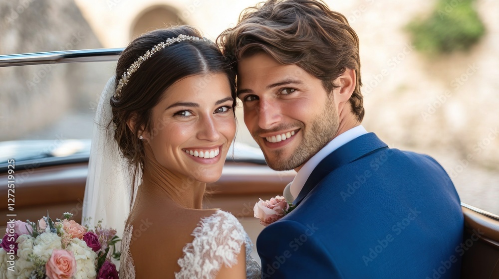 Newlywed Couple in Classic Car, Romantic Wedding Day Newlywed Couple in Classic Car, Romantic Wedding Day