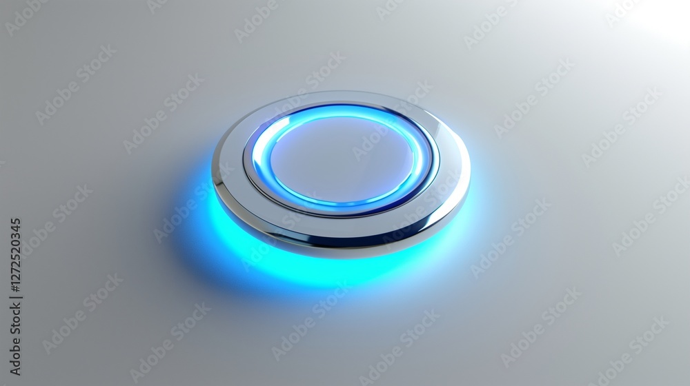 A transparent game button with an illuminated blue LED ring around its perimeter, positioned on a seamless white surface. A transparent game button with an illuminated blue LED ring around its perimeter, positioned on a seamless white surface.