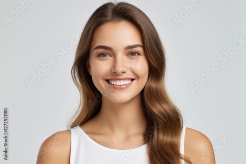 smiling woman with long brown hair and white tank top