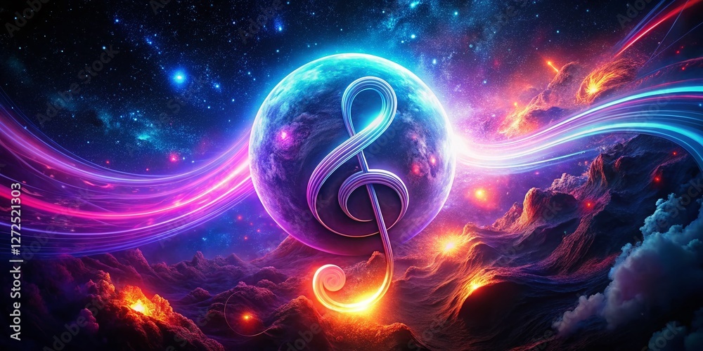 Obraz premium Neon Music Note Tattoo: Surreal Photography Stock Image
