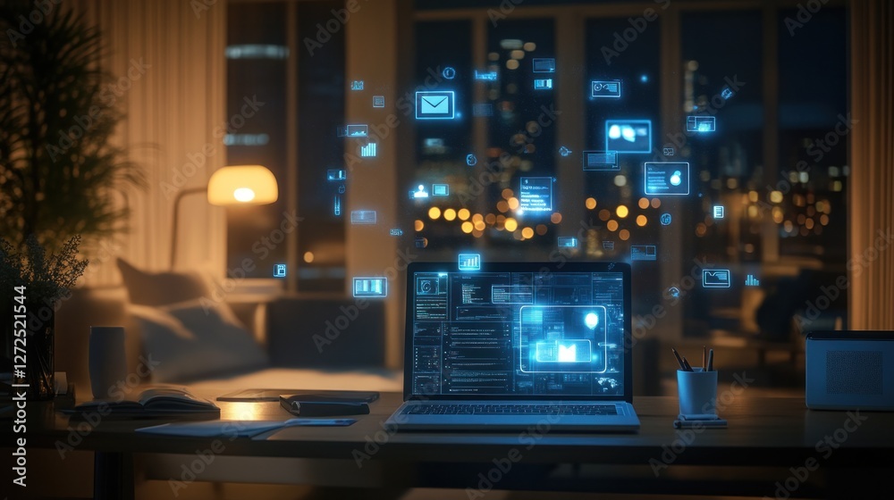 Night Work: Data Flowing on Laptop Screen Night Work: Data Flowing on Laptop Screen