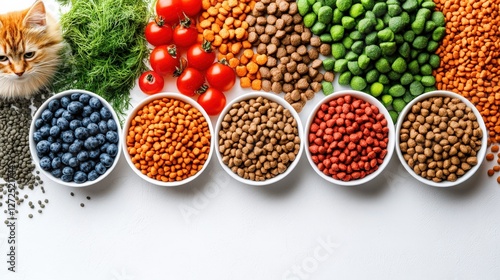 Colorful assortment of pet food and fresh ingredients with a curious cat observing the scene photo