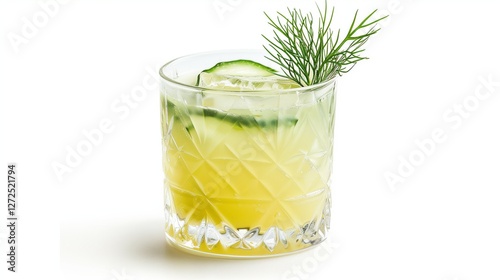 A transparent glass of freshly pressed cucumber juice exhibiting a light green color, with a sprig of dill for garnish, placed on a white background.