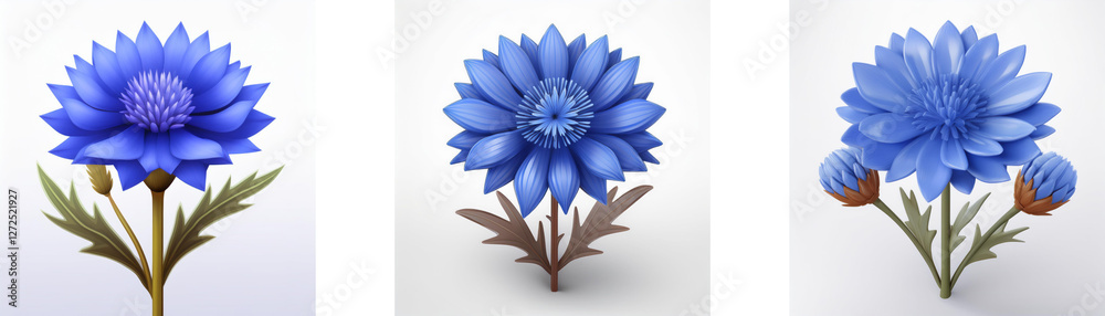 Obraz premium Three illustrations of blue cornflowers with green leaves and brown stems are depicted on a white background.