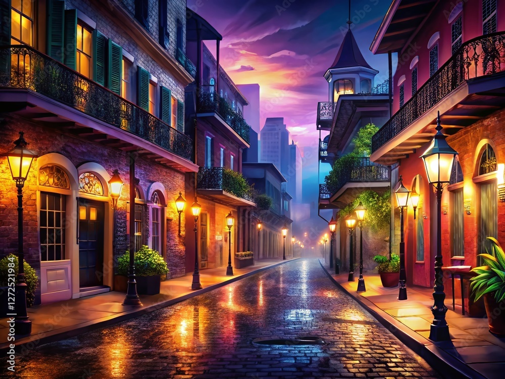 New Orleans Night Street Scene: Romantic Gas Lamps & Brick Architecture New Orleans Night Street Scene: Romantic Gas Lamps & Brick Architecture