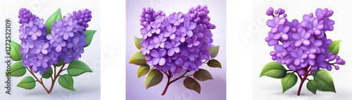 Three botanical illustrations of purple lilac flowers with green leaves on branches are isolated against a white backdrop. Springtime floral theme.