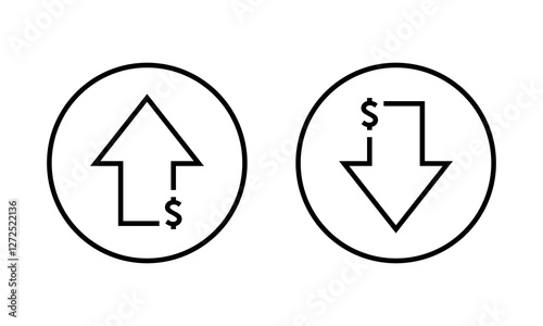 Up and down dollar arrow icon on circle line. USD growth and decline sign symbol