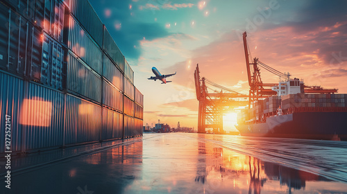 Wallpaper Mural Container truck in ship port for business Logistics and transportation of Container Cargo ship and Cargo plane with working crane bridge in shipyard at sunrise, logistic import export and transport Torontodigital.ca