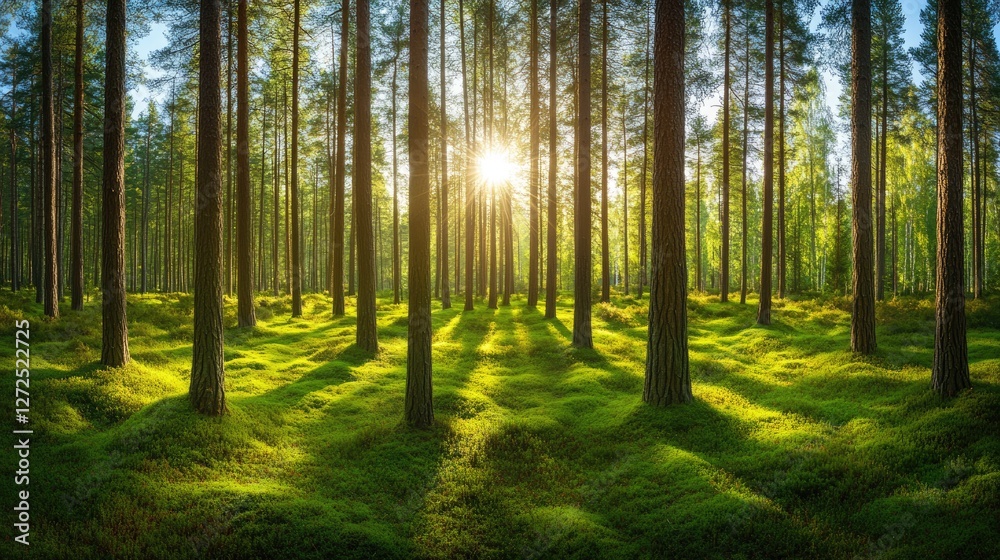 Obraz premium Sunlight Filtering Through Tall Pine Trees in a Lush Forest