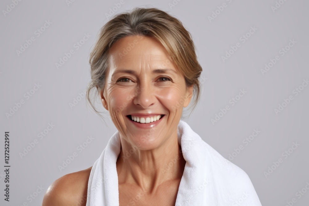 Fototapeta premium smiling woman with white towel wrapped around her neck