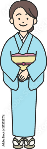 着物を着て笑顔で立つ若い女性のイラスト
