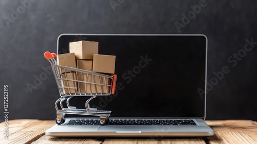 Shopping Cart on Laptop, Online Shopping Concept