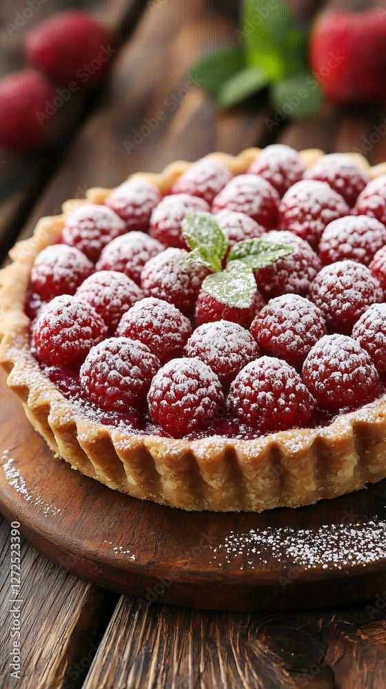 Delicious raspberry tart with powdered sugar and mint leaves on wooden table Delicious raspberry tart with powdered sugar and mint leaves on wooden table