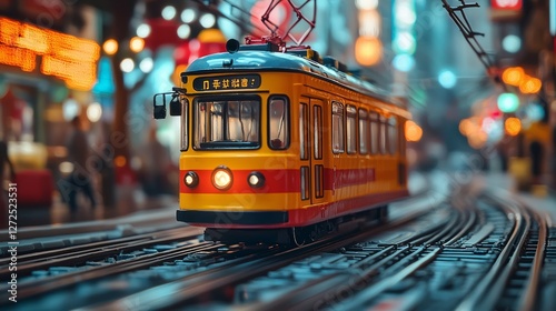 Wallpaper Mural Miniature tram in city street. Bright lights, people. Stock photo Torontodigital.ca