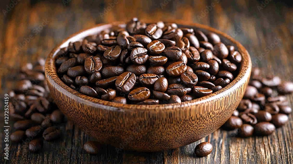 Fototapeta premium Roasted Coffee Beans In Wooden Bowl On Dark Wood