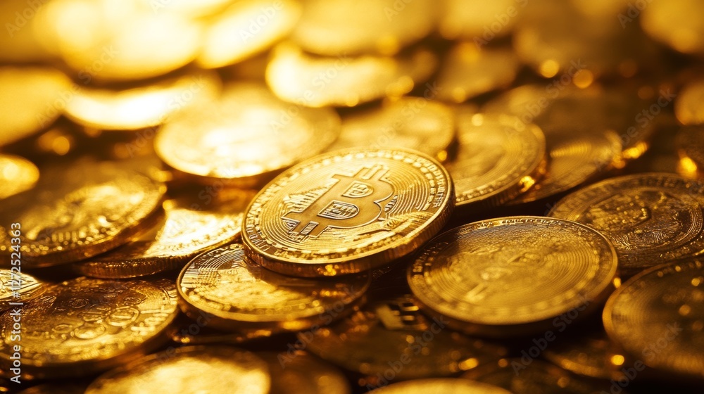 Golden bitcoins stacked amidst shimmering coins, symbolizing cryptocurrency wealth and investment growth Golden bitcoins stacked amidst shimmering coins, symbolizing cryptocurrency wealth and investment growth