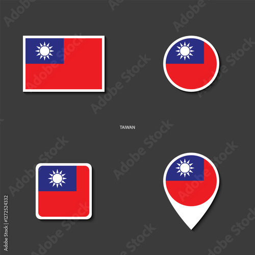 Taiwan flag icon set in different shape (rectangle, circle, square and marker icon) on dark grey background. Taiwan sticker icon collection on barely dark background	
