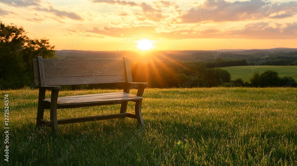 Fototapeta premium Scenic Park Bench at Sunset Overlooking Rolling Hills and Green Grass : Generative AI