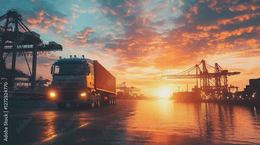 Fototapeta premium Container truck in ship port for business Logistics and transportation of Container Cargo ship and Cargo plane with working crane bridge in shipyard at sunrise, logistic import export and transport