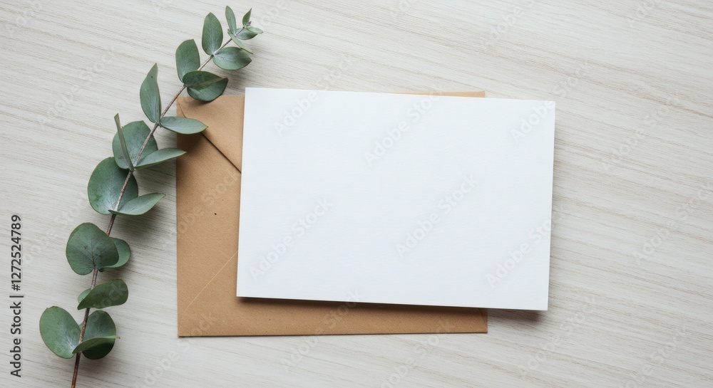 AI image A blank white card sits atop a kraft paper envelope, adorned with a sprig of eucalyptus on a light wooden surface. AI image A blank white card sits atop a kraft paper envelope, adorned with a sprig of eucalyptus on a light wooden surface.
