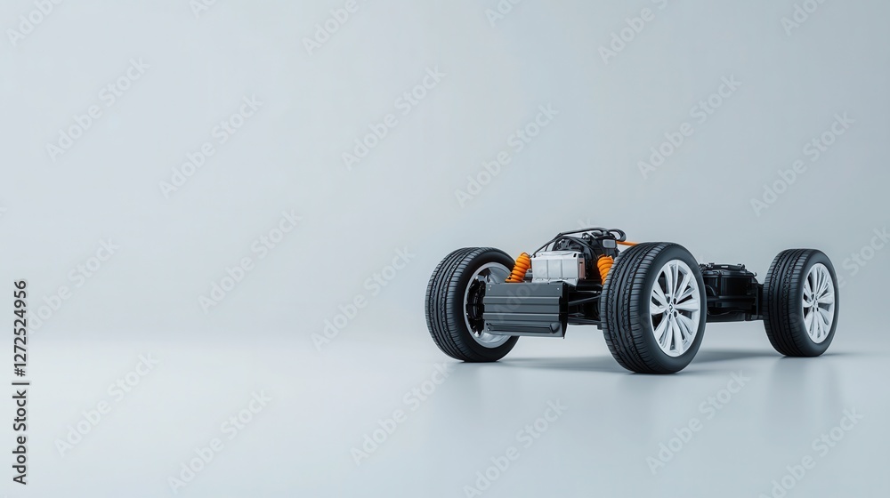Detailed View of a Modern Electric Car Chassis with Sleek Wheels and Engine Components on a Minimalist Background Detailed View of a Modern Electric Car Chassis with Sleek Wheels and Engine Components on a Minimalist Background
