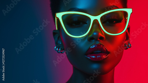 Bold Elegance: High-Fashion Black Woman with Green Neon Cat-Eye Glasses and Red-Blue Lighting
