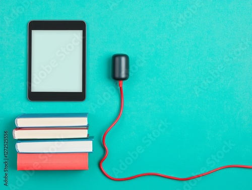 E-reader, books, charging cable on teal background