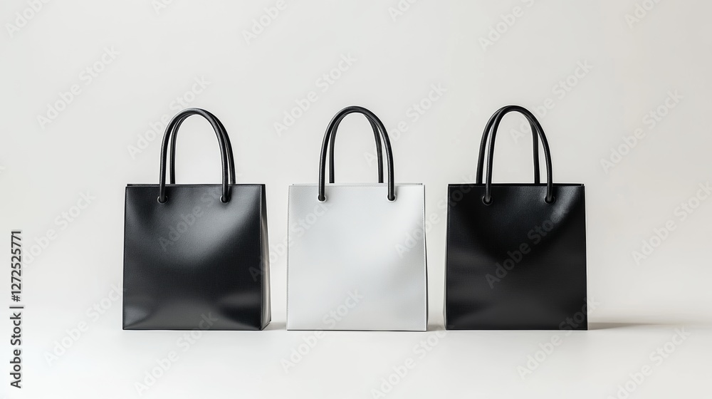 Stylish collection of three minimalist tote bags in black and white displayed neatly against a simple backdrop Stylish collection of three minimalist tote bags in black and white displayed neatly against a simple backdrop