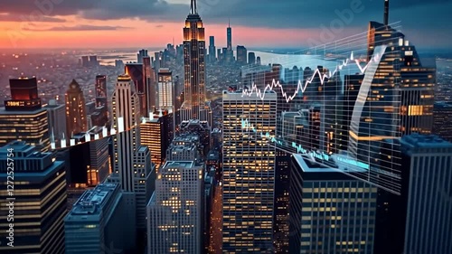 Manhattan Skyline with Dynamic Financial Chart Overlay