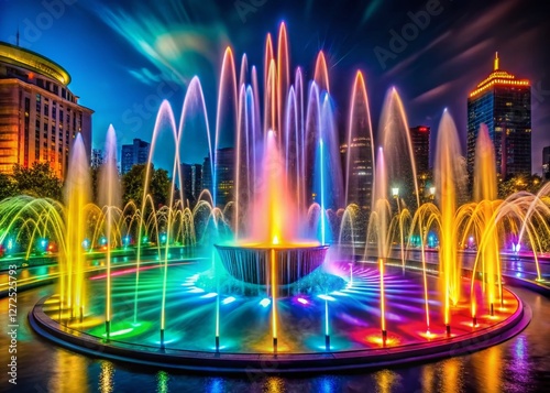 Night Photography: Illuminated Artesian Fountain, Urban Water Feature
