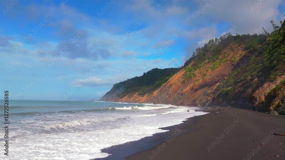 Sunny morning blue sky surf tide waves USAL Beach campground PNW Lost Coast Trail aerial drone California rugged dramatic untouched coastline mist fog clouds nature landscape forward pan up motion Sunny morning blue sky surf tide waves USAL Beach campground PNW Lost Coast Trail aerial drone California rugged dramatic untouched coastline mist fog clouds nature landscape forward pan up motion
