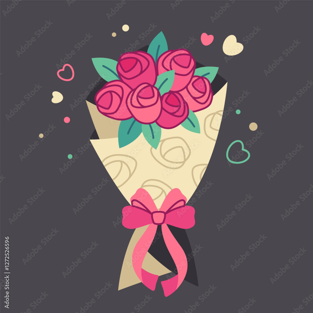 Bunch of pink flowers wrapped in paper with pink ribbon, hearts. Bouquet of roses. Present concept. Buds of roses. Floral design for spring holidays, greeting cards. Flat vector illustration Bunch of pink flowers wrapped in paper with pink ribbon, hearts. Bouquet of roses. Present concept. Buds of roses. Floral design for spring holidays, greeting cards. Flat vector illustration