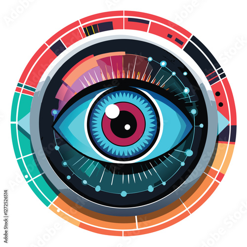 A close-up shot of a human eye featuring a futuristic robotic iris displaying a digital readout or data stream.  High detail, sharp focus.