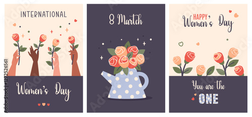 International Womens day posters set. Womens hands of different nationalities holding flowers. Feminism, women empowerment, gender equality concept. Vector illustration