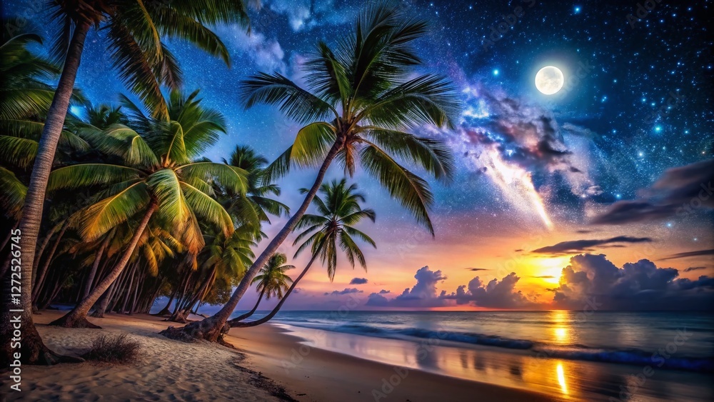 Fototapeta premium Night Photography: Palm Trees Silhouette on Tropical Beach